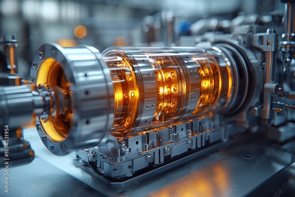 Poster close-up of a metallic machine with glowing orange components
