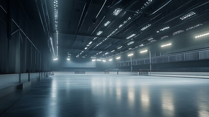 Empty ice hockey rink in indoor arena with spotlights 3d rendering of sports venue