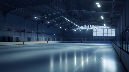 Empty ice hockey rink in indoor arena with spotlights 3d rendering of sports venue