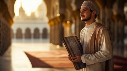 A young Muslim man stands thoughtfully in a mosque, holding a Quran close to his heart as the warm light of sunset filters through the arches, enhancing the atmosphere of serenity and faith