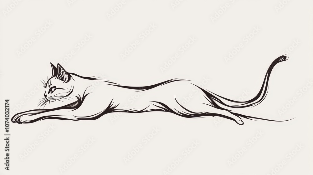 Wall mural minimalist line art of a cat stretching with elegant, flowing lines on a clean white background