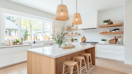 Stylish modern kitchen with gray countertops and warm wooden accents in a light-filled space