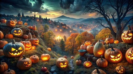 Aerial View of Jack O'Lanterns Creating a Spooky Halloween Atmosphere with Copy Space for Text and Designs, Perfect for Seasonal Promotions and Festive Greetings