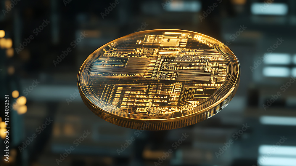 Poster Futuristic gold coin with circuit board pattern floating in cyberspace 3d render