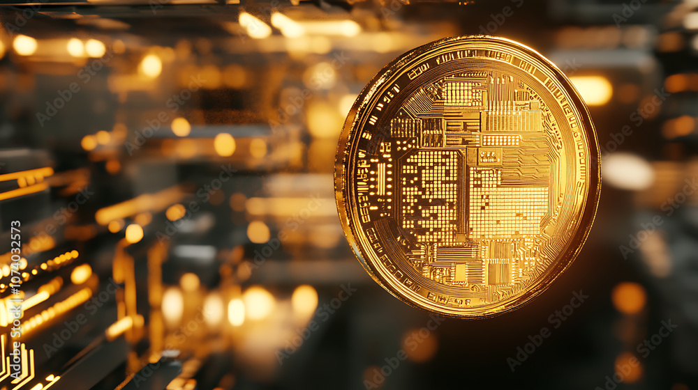 Poster Futuristic gold coin with circuit board pattern floating in cyberspace 3d render