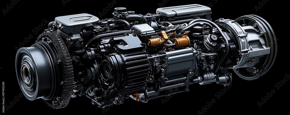 Poster Close-up of a Black Engine with Shiny Components