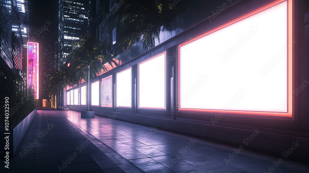 Aufkleber Futuristic row of illuminated empty billboards on modern city building facade at night 3d rendering