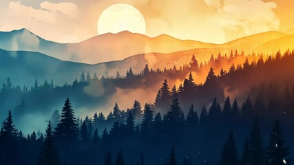 Watercolor summer landscape with distant mountains and dense forest under warm sunset light, isolated minimalistic composition on white background for postcards, banners