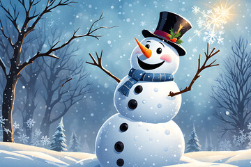 Obraz premium snowman with hat and scarf, snowman with christmas ball, Cute snowman illustration character