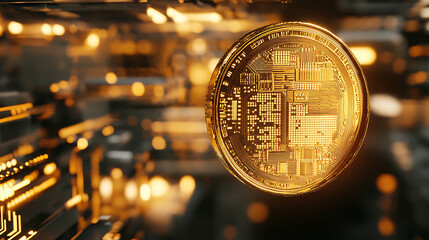 Futuristic gold coin with circuit board pattern floating in cyberspace 3d render