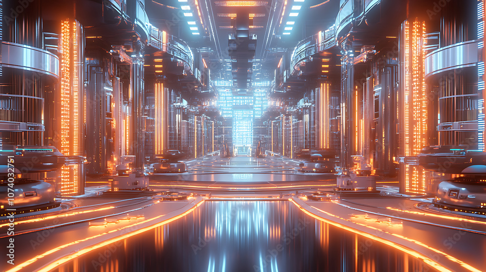 Fototapete futuristic smart factory with robots ai and digital twin technology industrial 40 concept 3d illustr