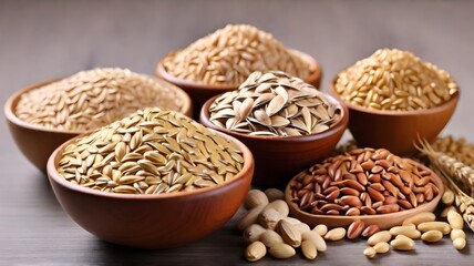 Bowls of dried beans, grains and nuts.