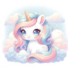 Cute pastel unicorn in dreamy clouds