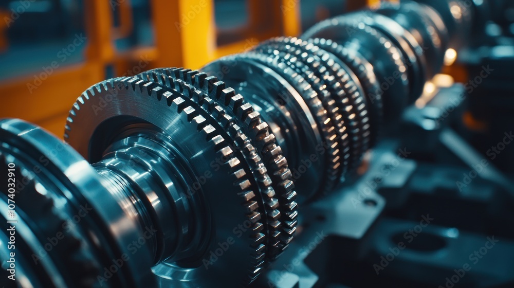Poster Close-up of Shiny Metallic Gears and Cogs in a Factory