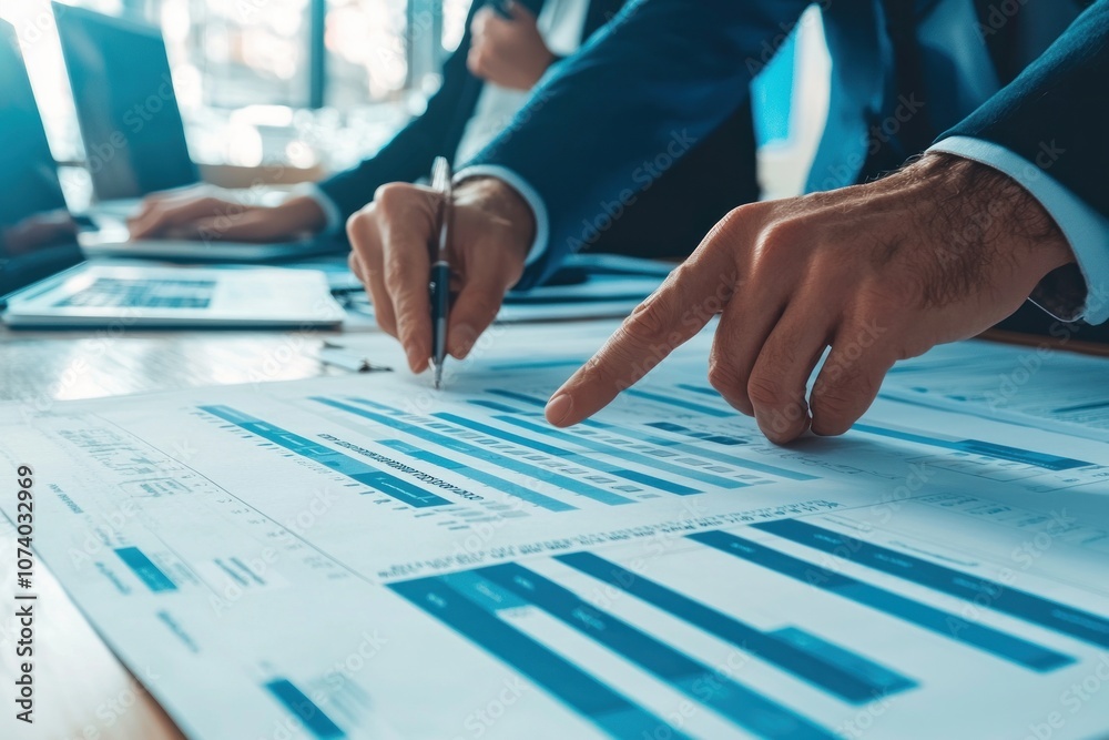 Aufkleber businessman analyzing financial data with pen and finger on graphs