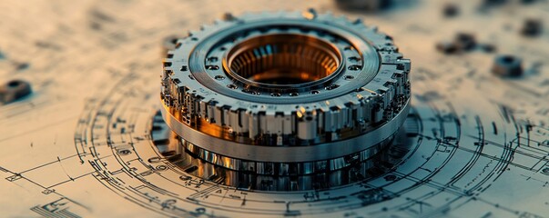 Fototapeta premium Closeup of a Shiny Metal Gear Mechanism on a Blueprint