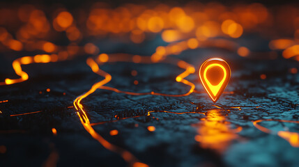 Glowing location pin on an interactive map with multiple trails, representing the concept of route hideout and tracking in real time, with an orange glow and blurred background
