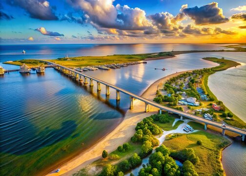 Aerial View of Oregon Inlet Campground and Bonner Bridge in Nags Head Outer Banks, Showcasing Scenic Coastal Landscapes and Tranquil Waters in North Carolina