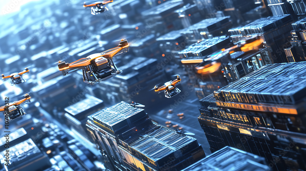 Poster hightech logistics network with automated warehouses and delivery drones futuristic 3d illustration