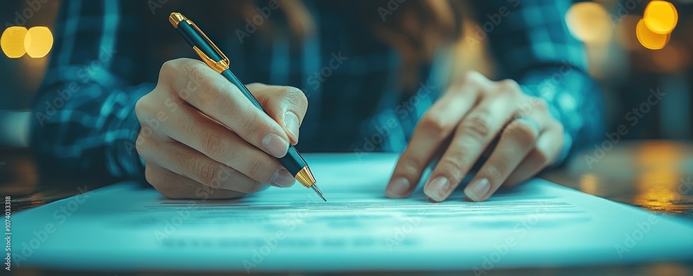 Poster close-up of a hand signing a document with a pen