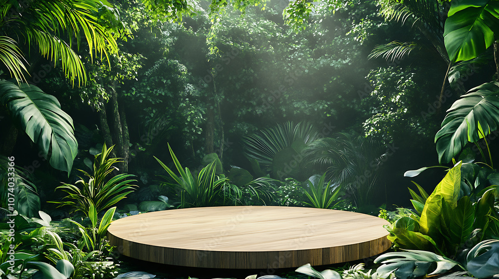 Poster lush green jungle with wooden product display podium natural 3d background for showcase digital rend
