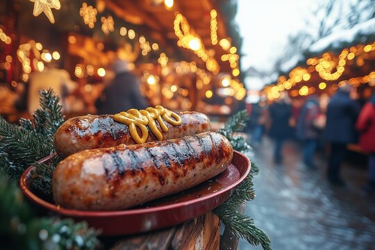 A delicious serving of grilled bratwursts topped with a generous dollop of mustard, presented in a rustic wooden tray adorned with pine branches.