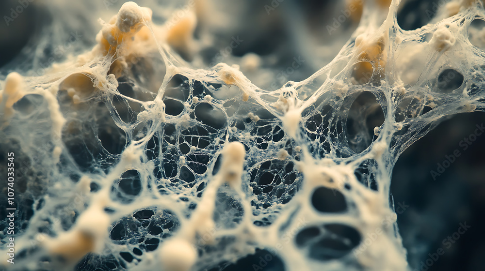 Poster Intricate network of mycelium threads fascinating closeup of fungal vegetative structure science photography