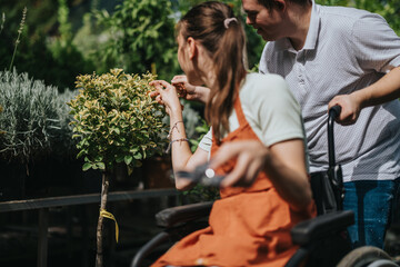 A male with Down syndrome and a female in a wheelchair engage in gardening, highlighting inclusion...