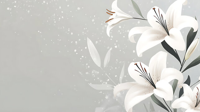 Minimalist sympathy card with delicate lily flowers on muted grey background concept illustration