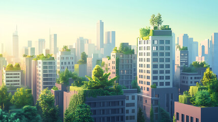 Fototapeta premium Modern ecofriendly city with green community and fresh air urban metropolis landscape digital illustration