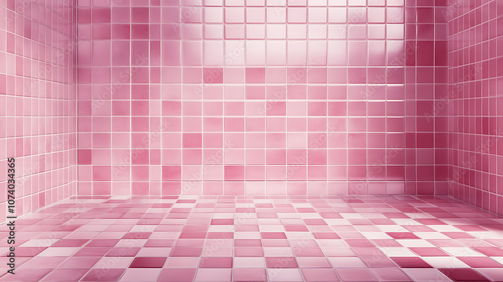 Wall mural Pink tile wall and checkered floor texture in bathroom ceramic mosaic background