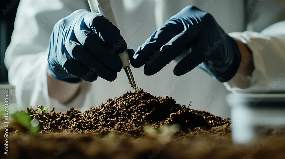 Poster researcher analyzes a soil sample in laboratory tests for contamination and bioremediation
