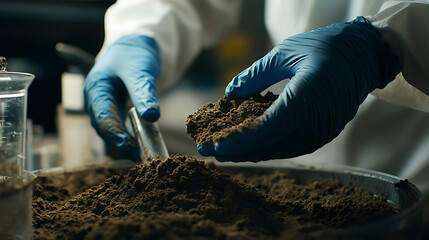 Researcher analyzes a soil sample in laboratory tests for contamination and bioremediation