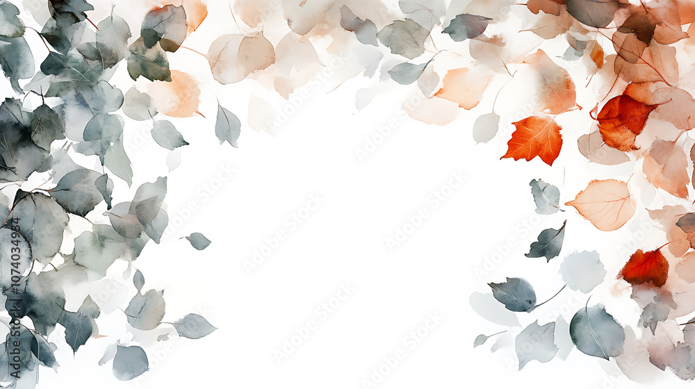 Poster watercolor painting, white background with simple abstract fall foliage in shades of sage green and 