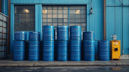 Blue Barrels Against a Colorful Industrial Background