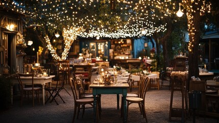 A charming outdoor dining patio with string lights and candles, creating a warm and romantic ambiance for a memorable meal.