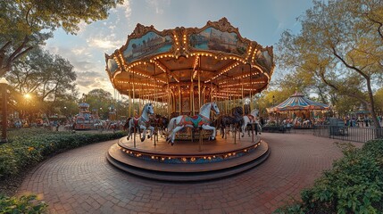 A classic carousel with white horses spinning under the golden sunset light.