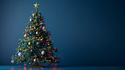 Christmas tree adorned with colorful decorations stands against a dark blue background, accented by the soft glow of bokeh lights. This image could serve as a banner design. Copy space available