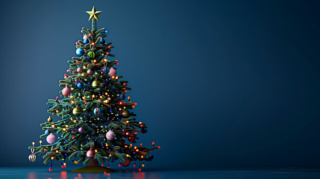 Christmas tree adorned with colorful decorations stands against a dark blue background, accented by the soft glow of bokeh lights. This image could serve as a banner design. Copy space available