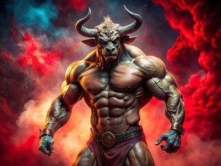 A Fearsome Minotaur in Battle Stance Against a Vivid Bloodred Background Capturing the Essence of Urban Exploration and Mythical Creatures