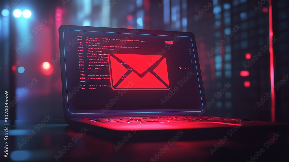 Poster Phishing awareness laptop with red email inbox warning sign cyber security concept illustration