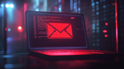 Phishing awareness laptop with red email inbox warning sign cyber security concept illustration