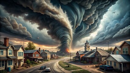 A Formidable Tornado Rips Through a Small American Town, Creating Chaos and Destruction in Its Path, Capturing the Raw Power of Nature in a Chilling Display of Force