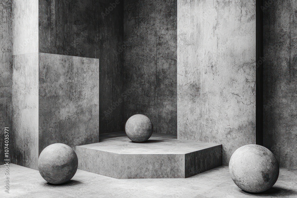 Poster three concrete spheres on a hexagonal platform in a minimalist concrete room