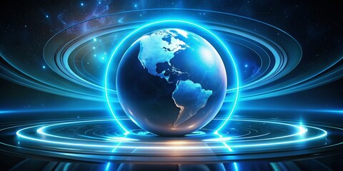 Obraz premium A Glowing Blue Globe Surrounded by a Digital Ring Illuminates the Darkness in a Futuristic Architectural Scene