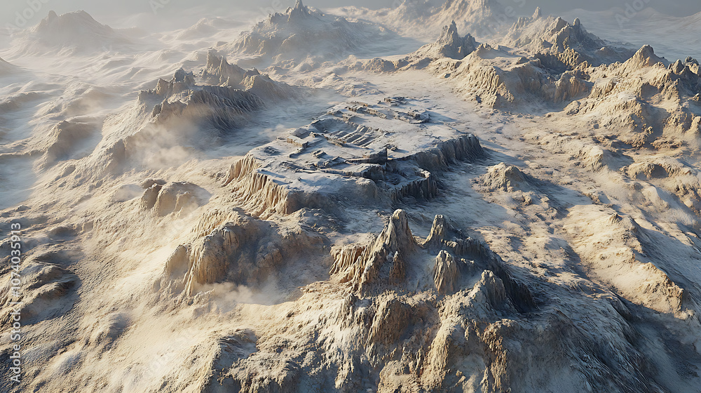 Aufkleber Realistic 3d rendering of military game environment with rugged terrain and structures