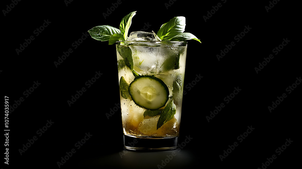 Poster refreshing mojito cocktail with lime mint cucumber and basil dark background food photography