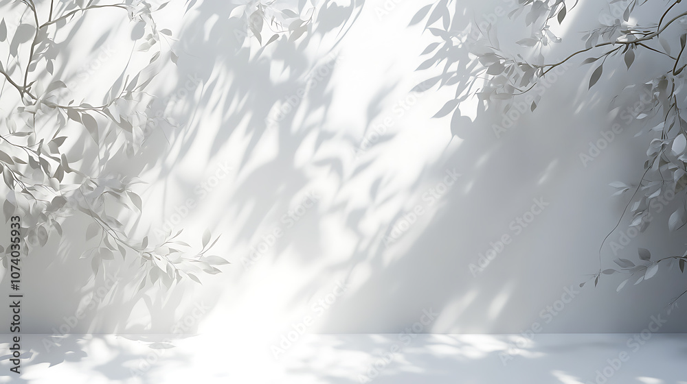 Poster Realistic tree branch shadows overlay on white background 3d render