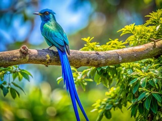 Fototapeta premium A Majestic Blue Bird with a Long Tail Sitting Gracefully on a Tree Branch Surrounded by Vibrant Green Foliage in a Clear Blue Sky, Showcasing Nature's Beauty and Wildlife