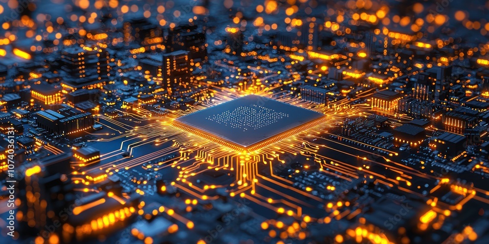 Poster Illuminated CPU Chip on a Circuit Board with Glowing Traces